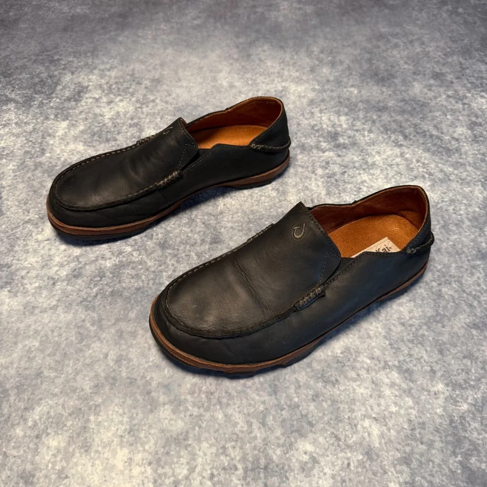 OluKai Moloa Mens 9.5 Black Leather Slip On Loafers Drop In Heel Shoes 10128